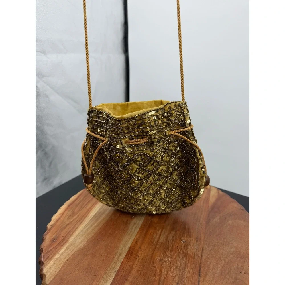 Unbranded Beaded Drawstring Pouch Bag Women Small Gold Sequin Evening Purse